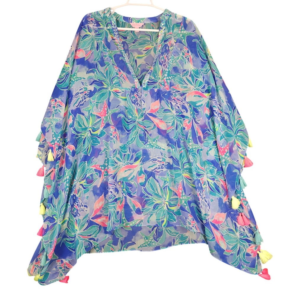 Lilly Pulitzer Tassel Kaftan Cover Up‎ L XL Blue Floral Beach Swim Maxi